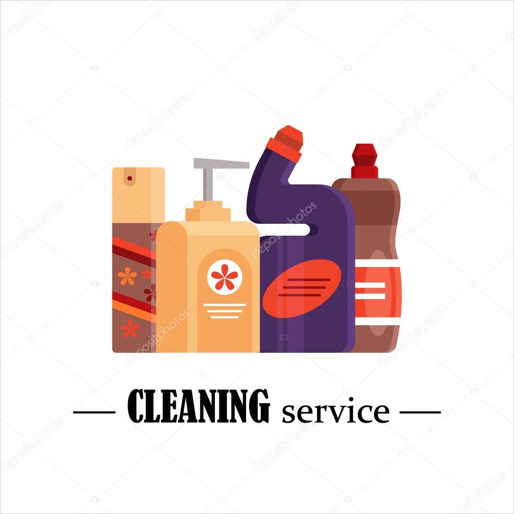 Cleaning service. Set house cleaning tools isolated on white background. Detergent and disinfectant products, household equipment for washing - flat vector illustration.