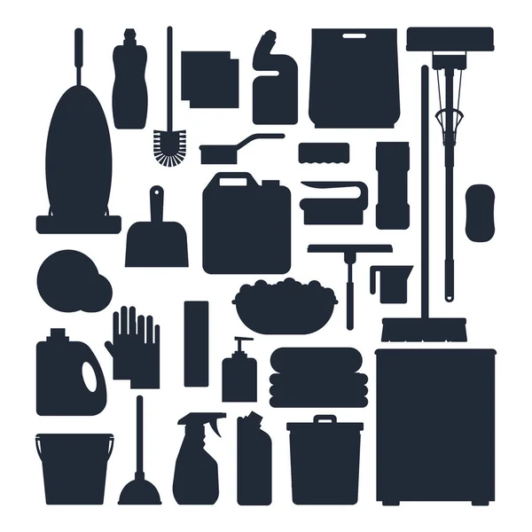 Silhouettes de service de nettoyage. Set outils de nettoyage de maison, détergents et produits désinfectants, équipements ménagers pour le lavage illustration vectorielle plate — Image vectorielle