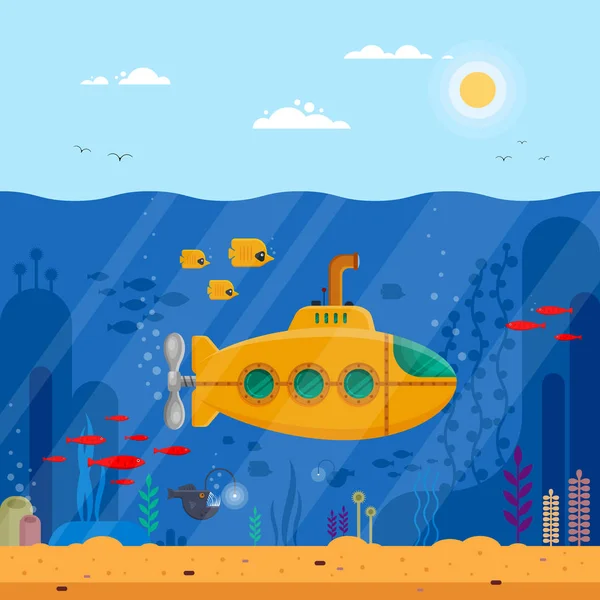 Žlutá ponorka s podvodní konceptem periskop. Podmořský život s ryb, korálů, mořských řas, barevné modrý oceán krajiny. Batyskaf šablona nápisu, plakátu nebo leták cover - plochý vektor — Stockový vektor