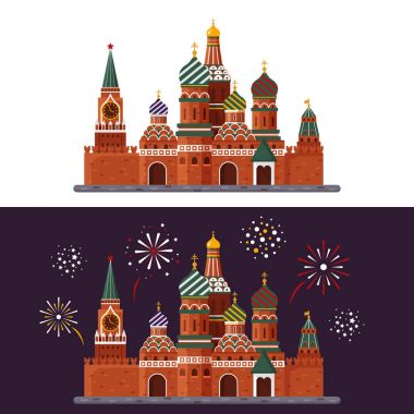 Rusya hoş geldiniz. Aziz Basil s Cathedral Red meydanında. Beyaz arka plan ve gece havai fişek - vektör hisse senedi düz çizim ile izole Kremlin Sarayı. Peyzaj tasarımı