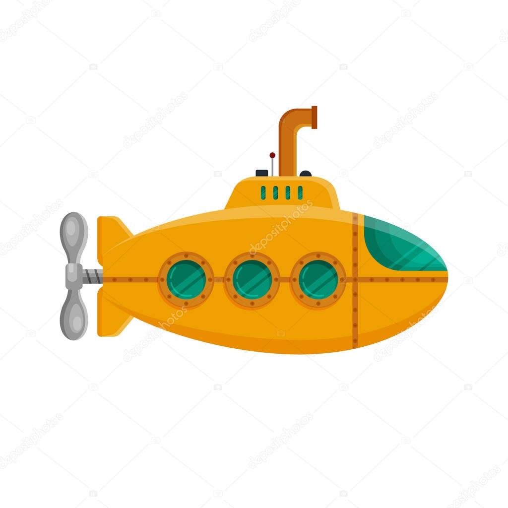 Yellow submarine with periscope isolated on white background. Colorful underwater sub in flat style. Childish toy - stock vector illustration