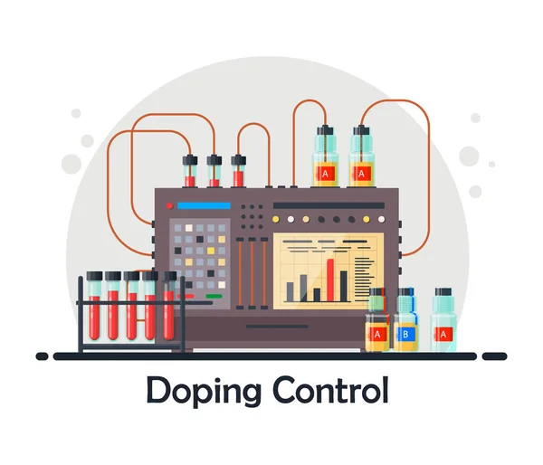 Laboratorio antidopaje para análisis de sangre, análisis de orina, equipo médico para análisis y control de dopaje con sonda A y B, concepto de proceso de investigación en estilo plano - ilustración vectorial — Vector de stock