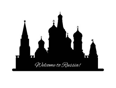 Rusya hoş geldiniz. Aziz Basil s Cathedral Red meydanında. Kremlin Sarayı siluet siyah lisolated beyaz arka planda - vektör hisse senedi düz çizim. Peyzaj tasarımı