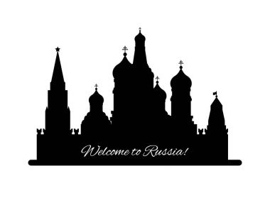 Welcome to Russia. St. Basil s Cathedral on Red square. Kremlin palace black silhouette lisolated on white background - vector stock flat illustration. Landscape design clipart