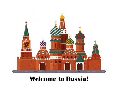 Rusya hoş geldiniz. Aziz Basil s Cathedral Red meydanında. Beyaz arka plan üzerinde - vektör hisse senedi düz illüstrasyon izole Kremlin Sarayı. Peyzaj tasarımı