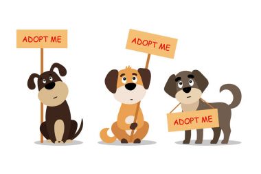 Oturma ve köpekler bir posteri evlat edinmek ile beni ayakta kümesi. Dont al - yardım evsiz hayvanları bir ev, kit in üzgün kukla - vektör çizim bulmak.