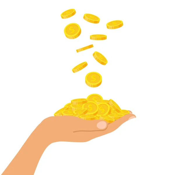 Hand houden van een stapel van munten vallen boven, pictogram platte Financiën heap, daling van de dollar munt stapel. Gouden geld liggend op de palm van de hand geïsoleerd op een witte achtergrond - vectorillustratie — Stockvector