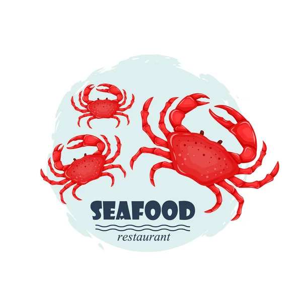 Red crabs seafood restaurant label with splash and text isolated on white background. Sea water animal icon with claws. Design element for emblem, menu, logo, sign, brand mark — Stock Vector