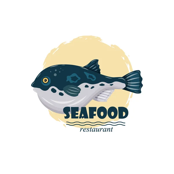 Flat fugu pufferfish seafood restaurant label with splash and text isolated on white background. Fresh raw fish - vector illustration. Design element for emblem, menu, logo, sign, brand mark — Stock Vector