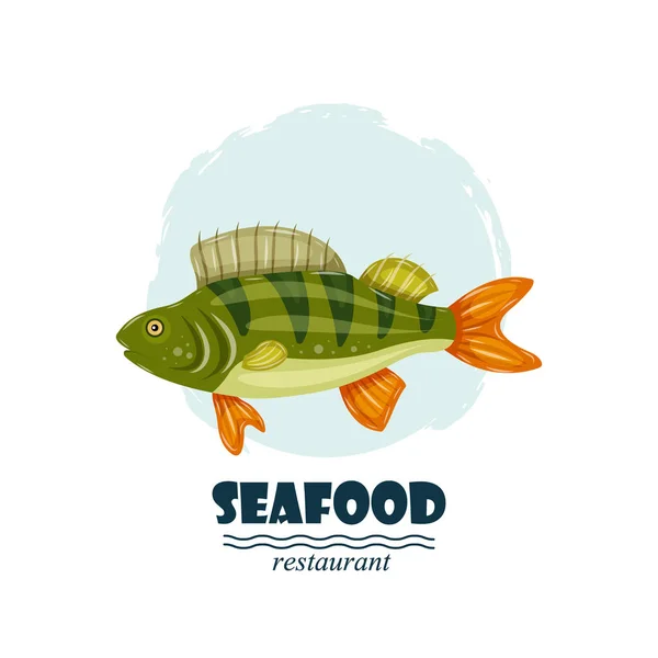 Flat perch seafood restaurant label with splash and text isolated on white background. Sea water animal icon. Design element for emblem, menu, logo, sign, brand mark — Stock Vector