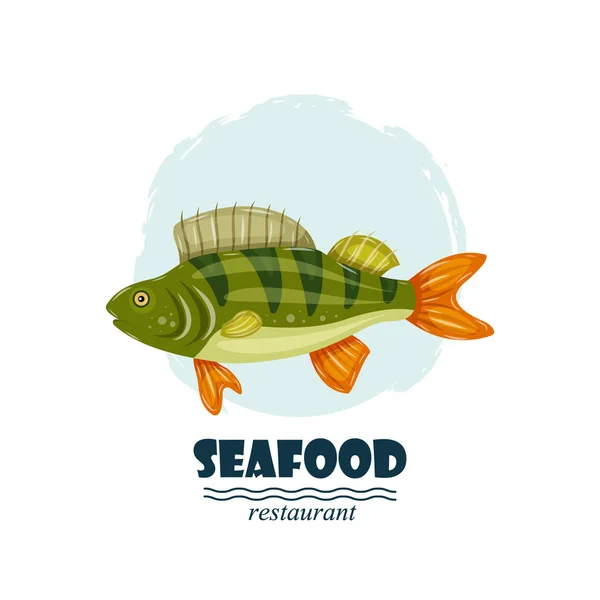 Etiqueta de restaurante de mariscos percha plana con salpicadura y texto aislado sobre fondo blanco. Icono animal de agua de mar. Elemento de diseño para emblema, menú, logotipo, signo, marca — Vector de stock