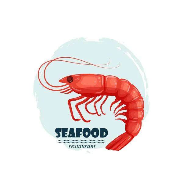 Red shrimp seafood restaurant label with splash and text isolated on white background. Sea water animal icon. Design element for emblem, menu, logo, sign, brand mark — Stock Vector