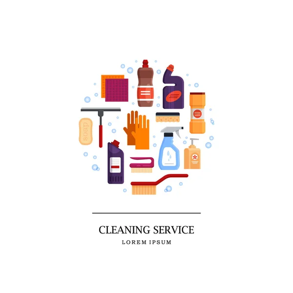 Logo du service de nettoyage. Placez les outils de nettoyage de la maison en cercle isolé sur fond blanc. Produits détergents et désinfectants, équipements ménagers pour le lavage - illustration vectorielle plate — Image vectorielle