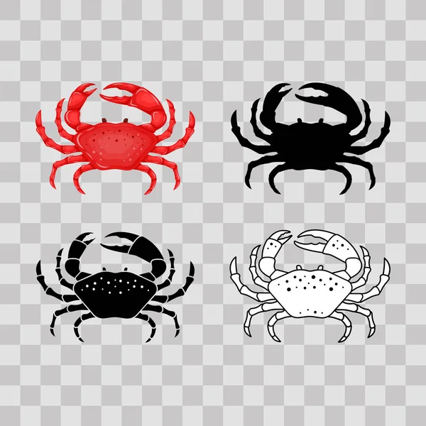 Set di granchio bianco piatto rosso, nero, linea sottile isolato su sfondo trasparente - illustrazione vettoriale. Icona animale d'acqua marina. Carcinoma zodiacale — Vettoriale Stock