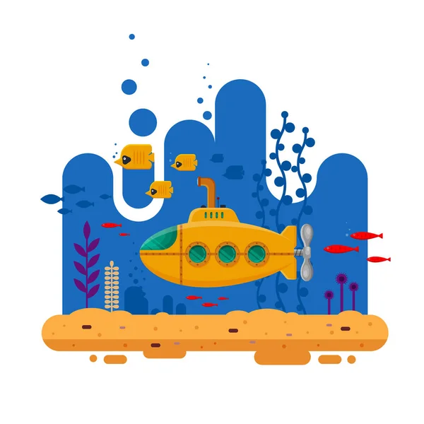 Yellow submarine with periscope underwater concept. Marine life with fish, coral, seaweed, colorful blue ocean landscape. Bathyscaphe template for banner, logo, poster or flyer cover - flat vector — Stock Vector