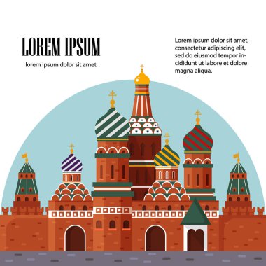 Rusya hoş geldiniz. Aziz Basil s Cathedral Red meydanında. Kremlin Sarayı, vektör hisse senedi düz çizim. Peyzaj tasarımı.