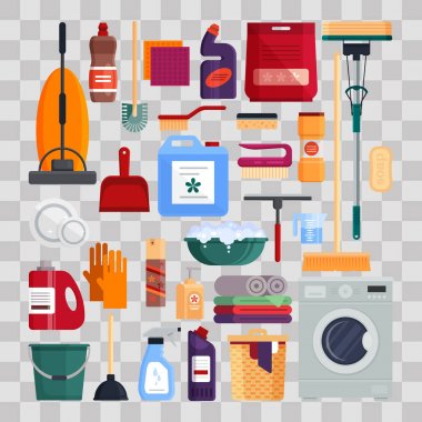 Temizlik hizmeti. Ev temizlik araçları üzerinde şeffaf arka plan ayarlayın. Deterjan ve dezenfektan ürünleri, ev eşyası yıkama - düz vektör çizim
