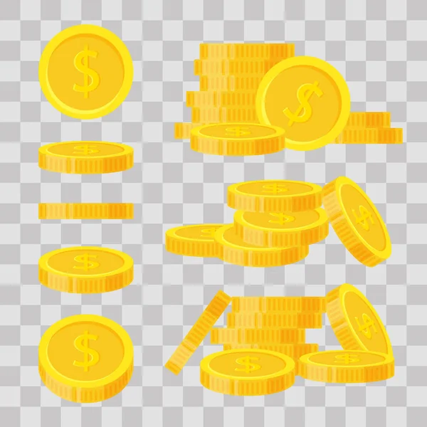 Set coins stack vector illustration, icon flat finance heap, dollar coin pile. Golden money standing on stacked, gold piece on transparent background - flat style — Stock Vector