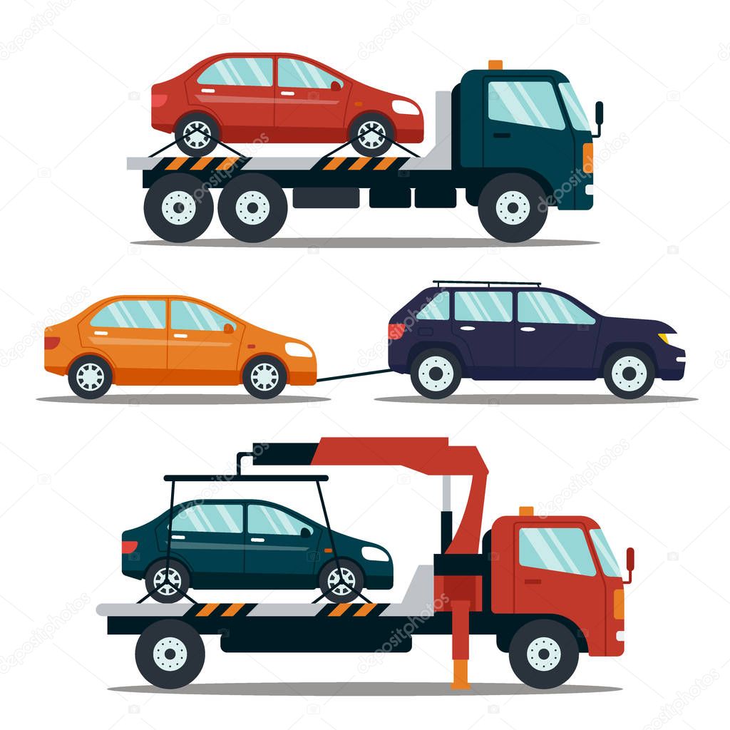 Set of cars evacuating broken or damaged auto isolated on white background. Evacuator carrying car to the parking lot. Repair service vector illustration.