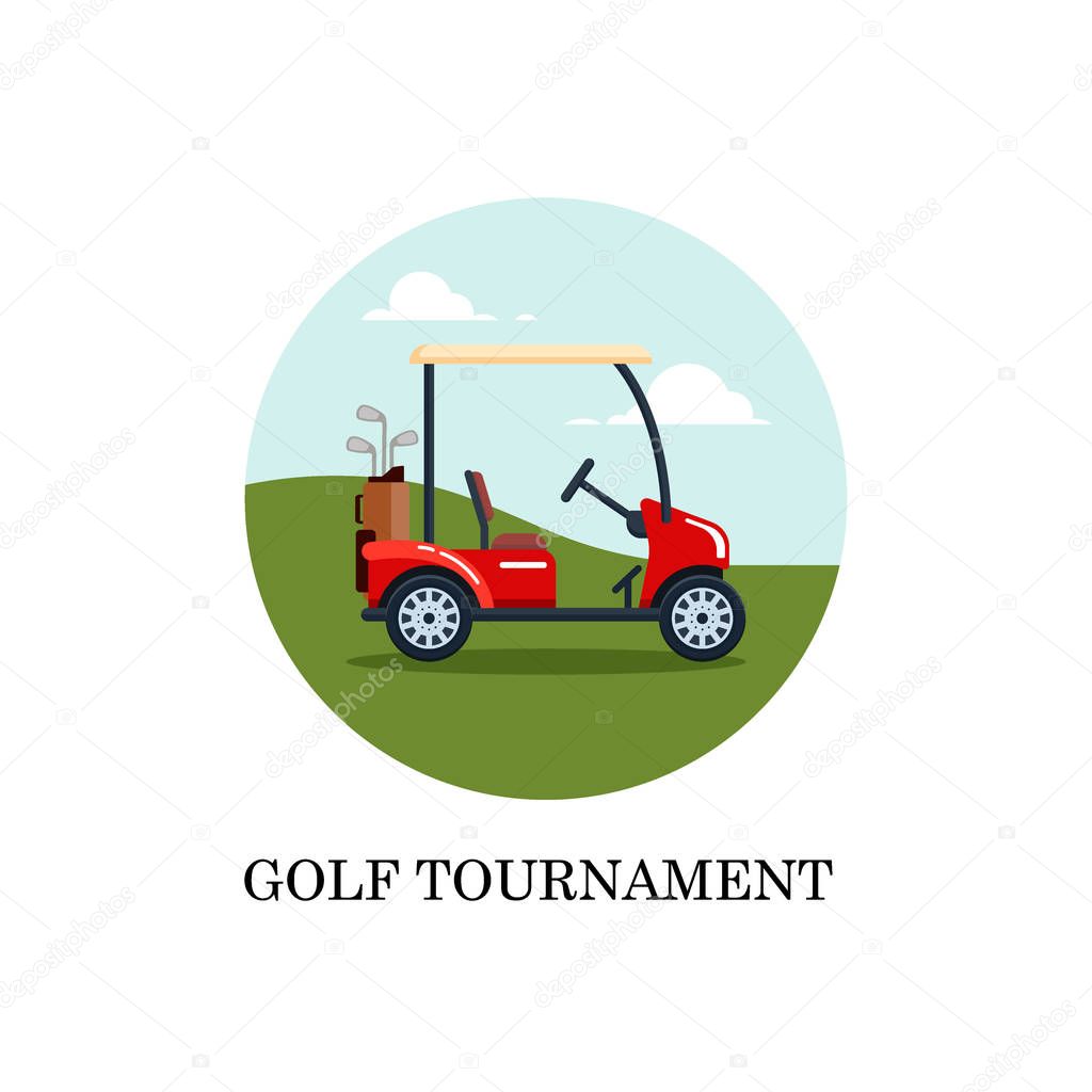 Vector electric golf car with golf club bag on a field with green grass. Transport, vehile flat style illustration.