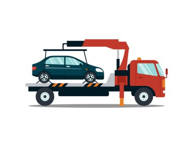 Beyaz arka plan üzerinde izole kırık veya hasarlı Oto tahliye araba. Arabayı otoparka taşıyan evacuator. Onarım hizmeti vektör çizim