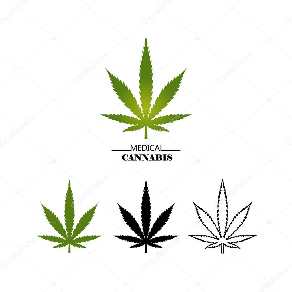 Set different logo marijuana leaves isolated on white background. Medical cannabis green, black and thin line leaf - vector flat illustration.