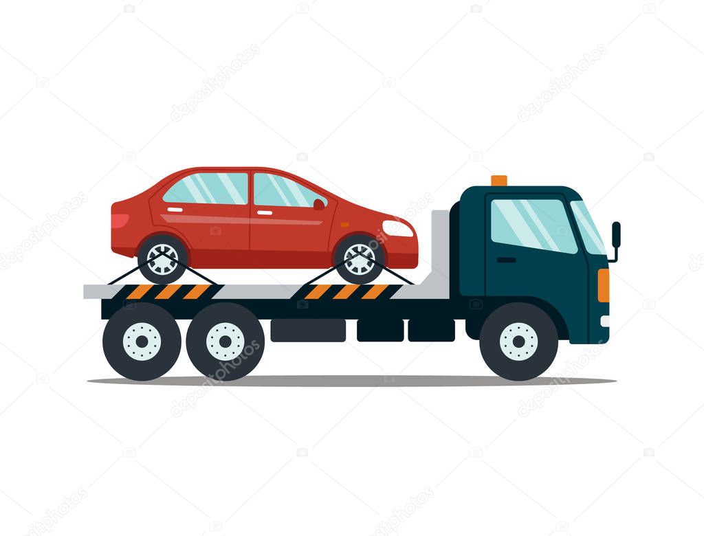 Car evacuating broken or damaged auto isolated on white background. Evacuator carrying car to the parking lot. Repair service vector illustration.