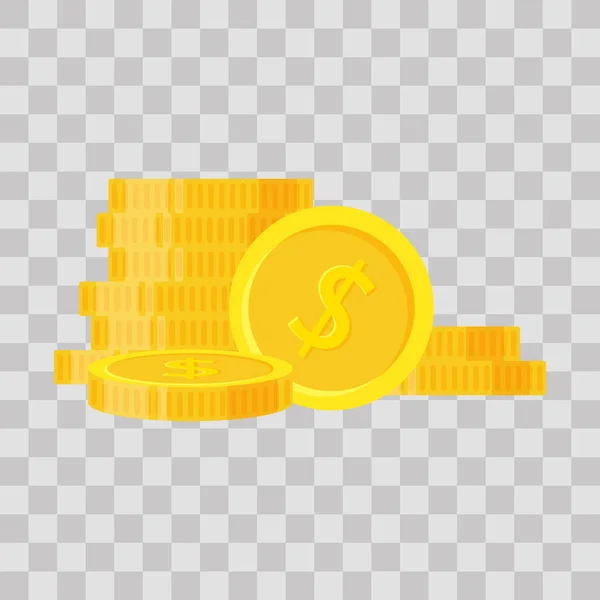 Set coins stack vector illustration, icon flat finance heap, dollar coin pile. Golden money standing on stacked, gold piece on transparent background - flat style. — Stock Vector