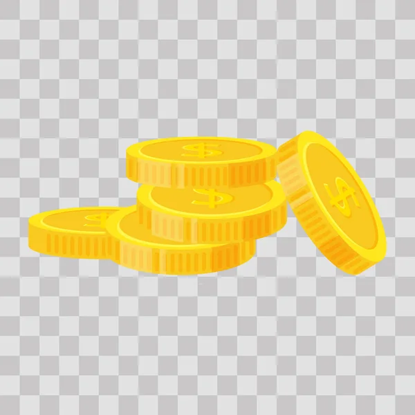 Set coins stack vector illustration, icon flat finance heap, dollar coin pile. Golden money standing on stacked, gold piece on transparent background - flat style. — Stock Vector