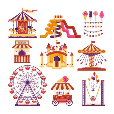 Eğlence Parkı carousels, kaydırak, Balonlar, bayraklar, şişme trambolin Kalesi, dönme dolap, tatlılar, mobil bilgi noktası beyaz arka plan üzerinde izole mancınık ile düz öğeleri. Aile ayarla