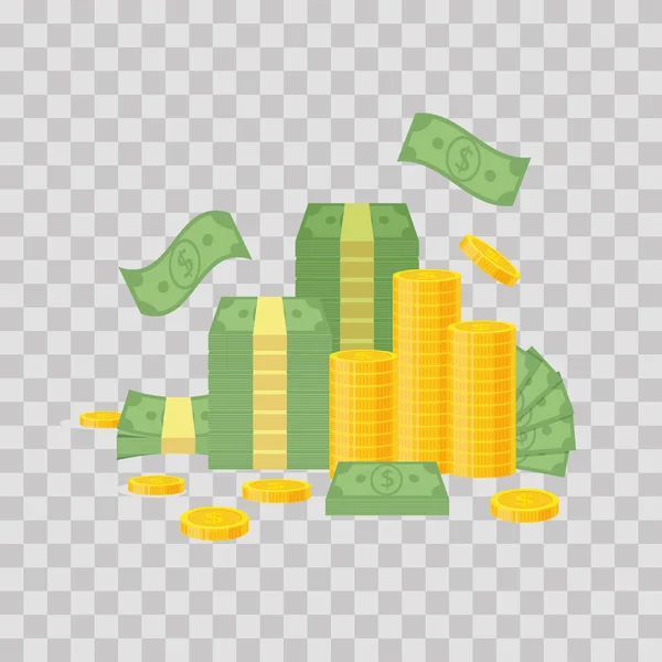 Pacote de dinheiro e pilha de moedas em fundo transparente. Notas de dólar verde, notas voam, moedas de ouro - ilustração vetorial plana —  Vetores de Stock