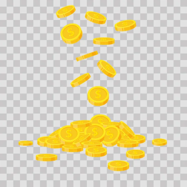 Πτώση χρυσά νομίσματα σε διαφανές φόντο. Μετρητά χρήματα σωρού. Εμπορική τραπεζική, οικονομικών έννοια σε στυλ επίπεδη — Διανυσματικό Αρχείο
