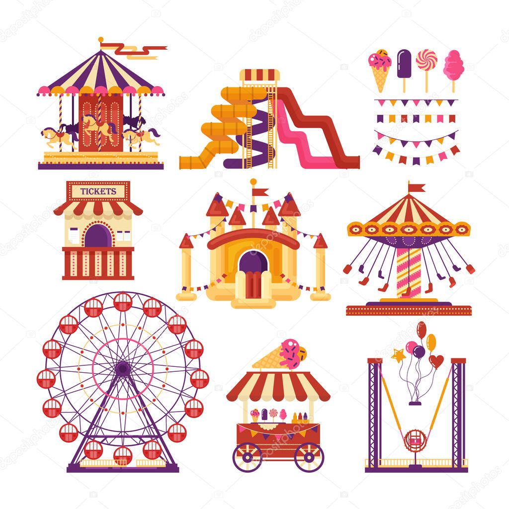 Amusement park flat elements with carousels, waterslides, balloons, flags, inflatable trampoline castle, ferris wheel, mobile kiosk with sweets, catapult isolated on white background. Set family