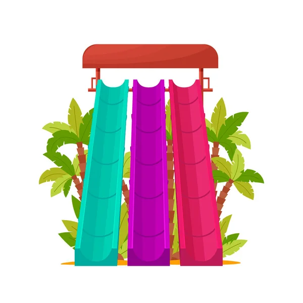 Аквапарк с цветными водными горками для детей. Летний аттракцион в аквапарке для отдыха и развлечений, изолированный на белом фоне, векторная иллюстрация — стоковый вектор