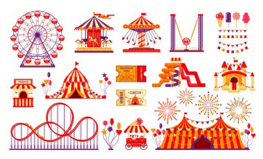 Sirk karnaval elementleri beyaz arka planda izole edildi. Eğlence parkı koleksiyonu, eğlence fuarı, atlı karınca, dönme dolap, çadır, lunapark treni, balonlar, biletler. Vektör illüstrasyonu