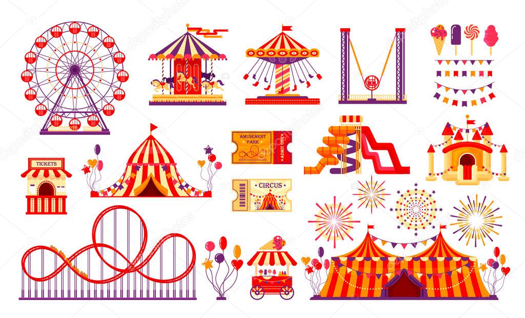 Circus carnival elements set isolated on white background. Amusement park collection with fun fair, carousel, ferris wheel, tent, roller coaster, baloons, tickets. Vector illustration