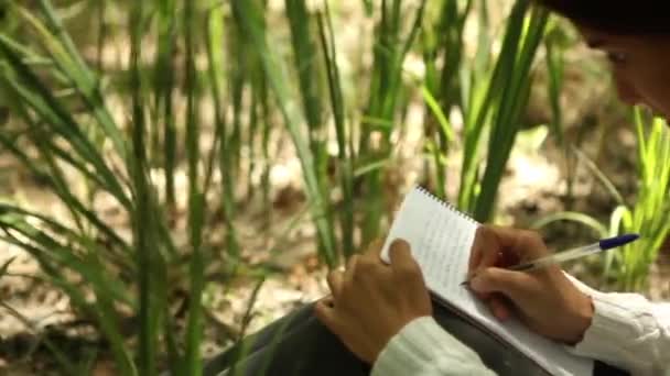 Menina escrevendo em notebook na floresta — Vídeo de Stock