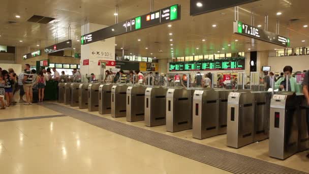 Personas que usan la puerta de entrada en la estación — Vídeos de Stock