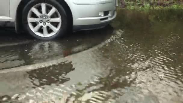 Coche en una carretera inundada — Vídeos de Stock