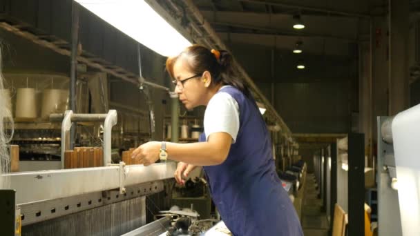 섬유 공장에서 기계를 고정 하는 여자 — 비디오