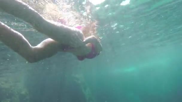 Woman in bikini swimming under water — Stock Video