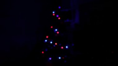Karanlığın içinde süslemeleri ile Noel ağacı