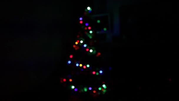 Albero di Natale con decorazioni nel buio — Video Stock