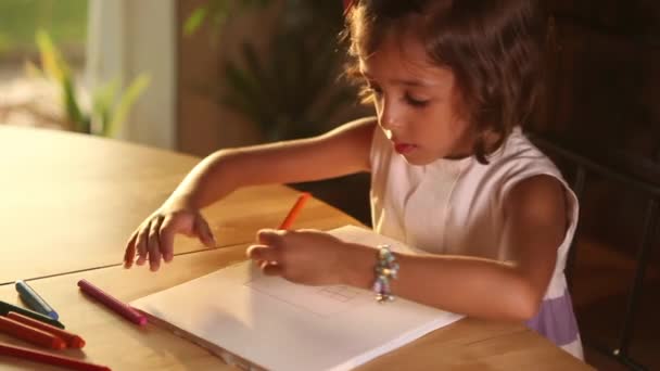 En liten flicka som gör läxor — Stockvideo