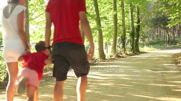 Семья с сыном на прогулке на природе — стоковое видео