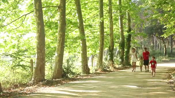 Gezin met kinderen op een wandeling in de natuur — Stockvideo