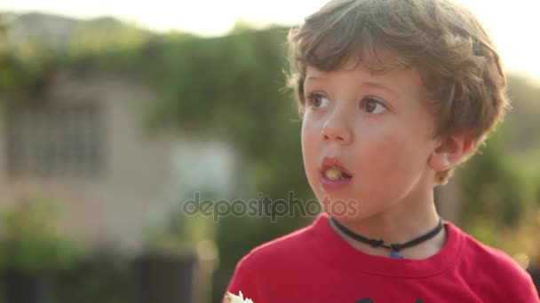 Chico comiendo bocadillo — Vídeos de Stock