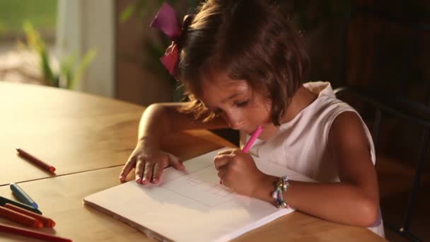 En liten flicka som gör läxor — Stockvideo