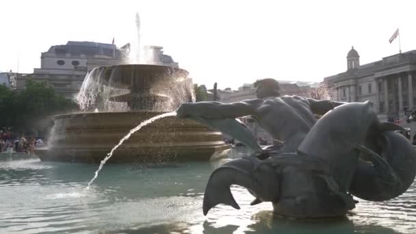 2017年6月23日 喷泉在特拉法加广场在伦敦 纳尔逊专栏 国家画廊雕像和雕塑 游人在假日 — 图库视频影像