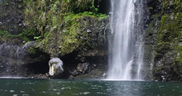 熱帯の自然風景 天然資源 純粋なグリーン エネルギー 美しい静かな環境の力で滝 強力なアクア水の落ちる滝 国立公園保護エリア湖と川 — ストック動画